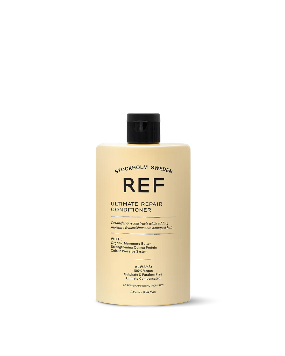 Official REF Stockholm front product shot of the Ultimate Repair Conditioner (245ml) bottle on white background, full label visible.