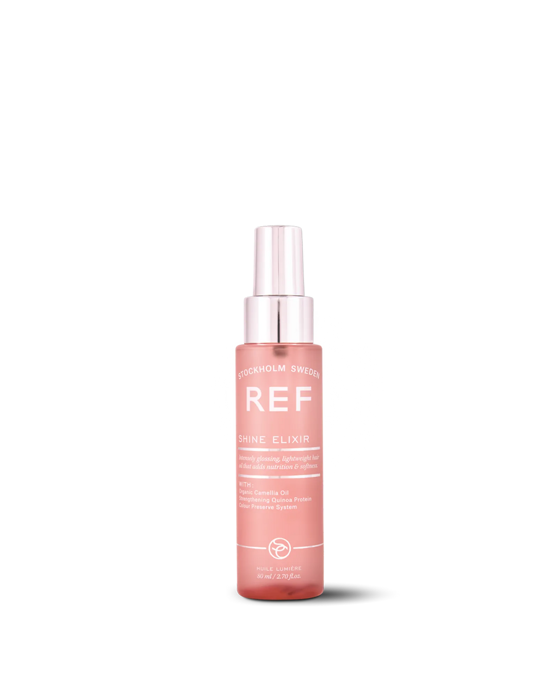 REF Stockholm Shine Elixir 80ml — official front product shot on white background, showing the pink glass spray bottle with silver cap and full label text. Source: refstockholm.com official product page (shine-elixir).