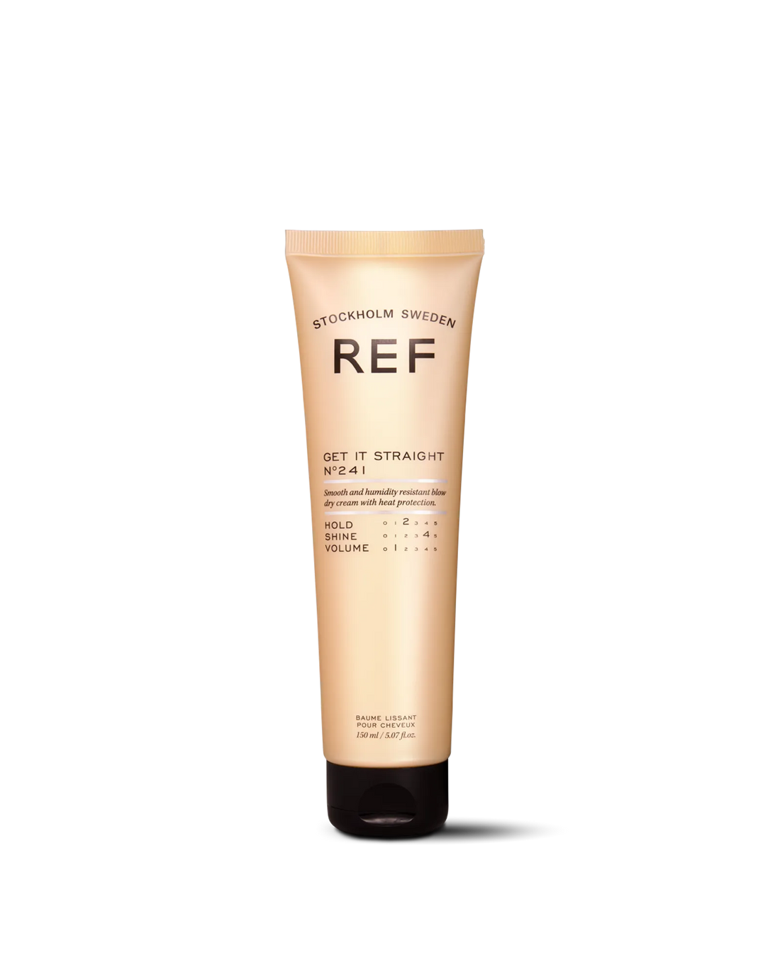 Official REF Stockholm front/pack shot of the gold tube labeled 'GET IT STRAIGHT N°241' (smooth and humidity-resistant blow-dry cream with heat protection, 150ml/5.07 fl.oz), hosted on REF's own brand site refstockholm.com.