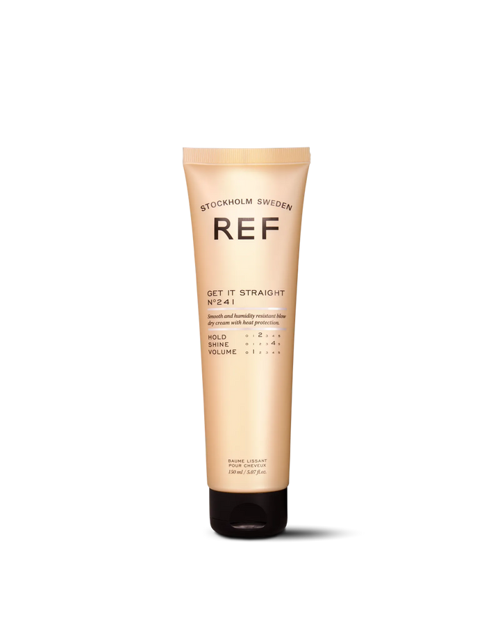 Official REF Stockholm front/pack shot of the gold tube labeled 'GET IT STRAIGHT N°241' (smooth and humidity-resistant blow-dry cream with heat protection, 150ml/5.07 fl.oz), hosted on REF's own brand site refstockholm.com.