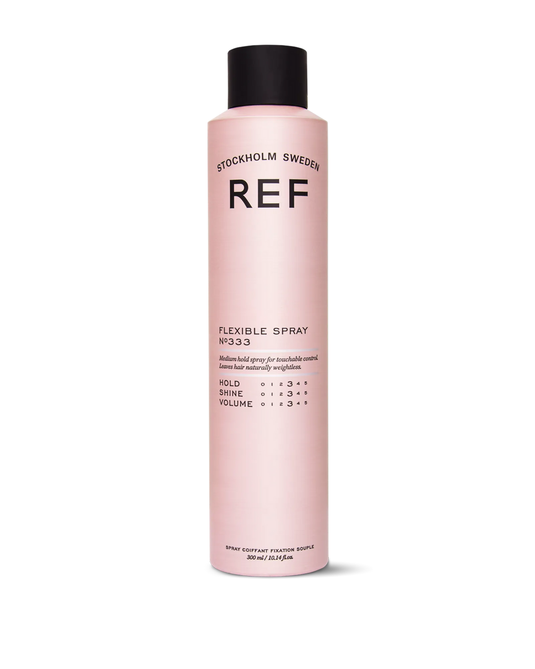 REF Stockholm Flexible Spray N°333 (300ml) — official front product/pack shot from refstockholm.com, showing the full pink bottle with black cap and label (hold/shine/volume ratings visible).