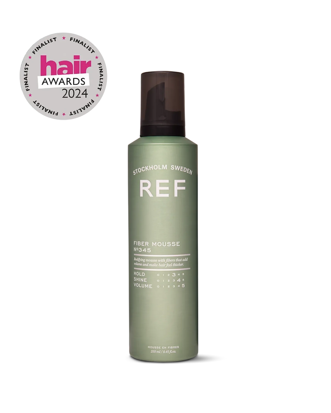 Official REF Stockholm front bottle shot of Fiber Mousse N°345 (250ml/8.45oz, green aluminum can) on white studio background, with the 2024 Hair Awards Finalist badge overlay. Sourced from the official product page at refstockholm.com/en-us/products/fiber-mousse-250ml.