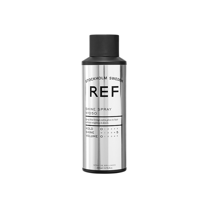 REF Stockholm Shine Spray N°050 (200ml) — official clean front bottle shot on light background, from the REF Stockholm UK official site (refstockholm.co.uk)