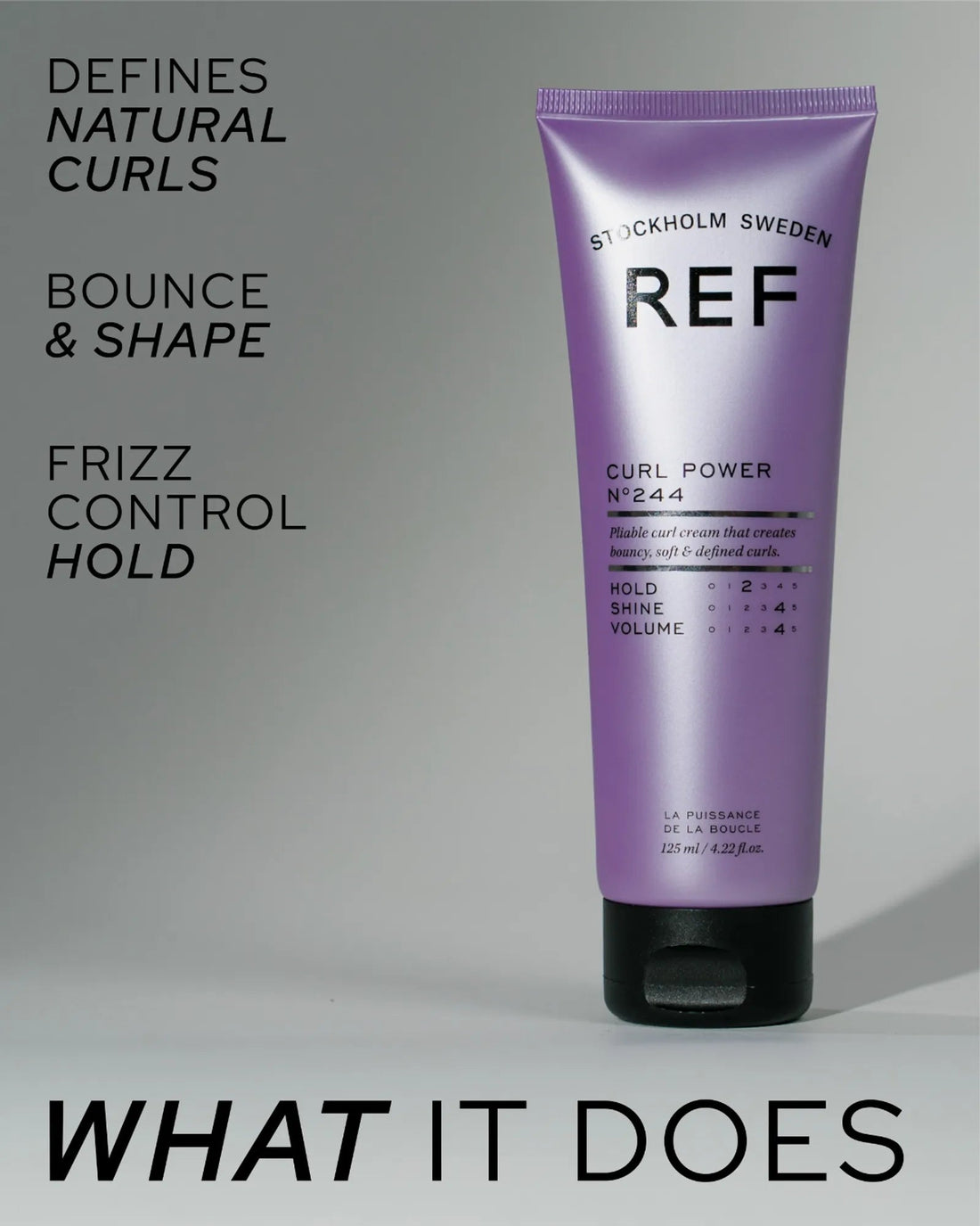 REF Stockholm Curl Power N°244 — alternate-angle official shot with 'What It Does' benefit callouts (defines curls, bounce & shape, frizz control hold)
