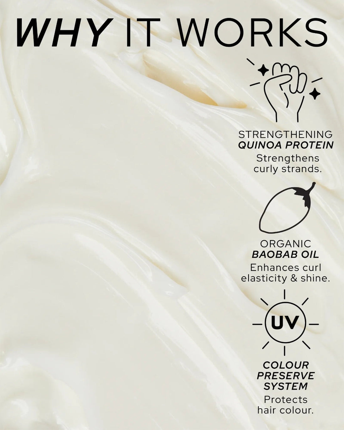 REF Stockholm Curl Power N°244 — official ingredient/formula close-up ('Why It Works': quinoa protein, organic baobab oil, UV colour preserve system) — closest official substitute to a back/ingredient-label shot