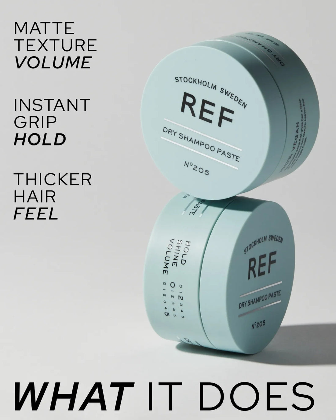 Official REF Stockholm alternate-angle marketing shot of Dry Shampoo Paste N°205 - two jars stacked at an angle on a grey background with 'MATTE TEXTURE / VOLUME, INSTANT GRIP / HOLD, THICKER HAIR / FEEL' benefit copy. Source: refstockholm.com official product page.
