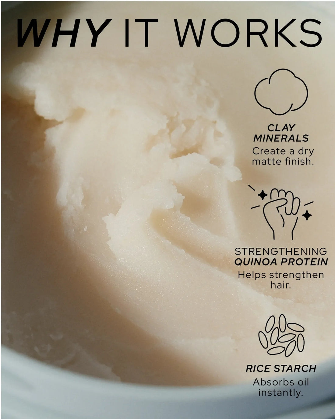 Official REF Stockholm close-up texture shot of the Dry Shampoo Paste N°205 formula itself, with 'WHY IT WORKS' callouts for clay minerals, quinoa protein and rice starch. Source: refstockholm.com official product page.