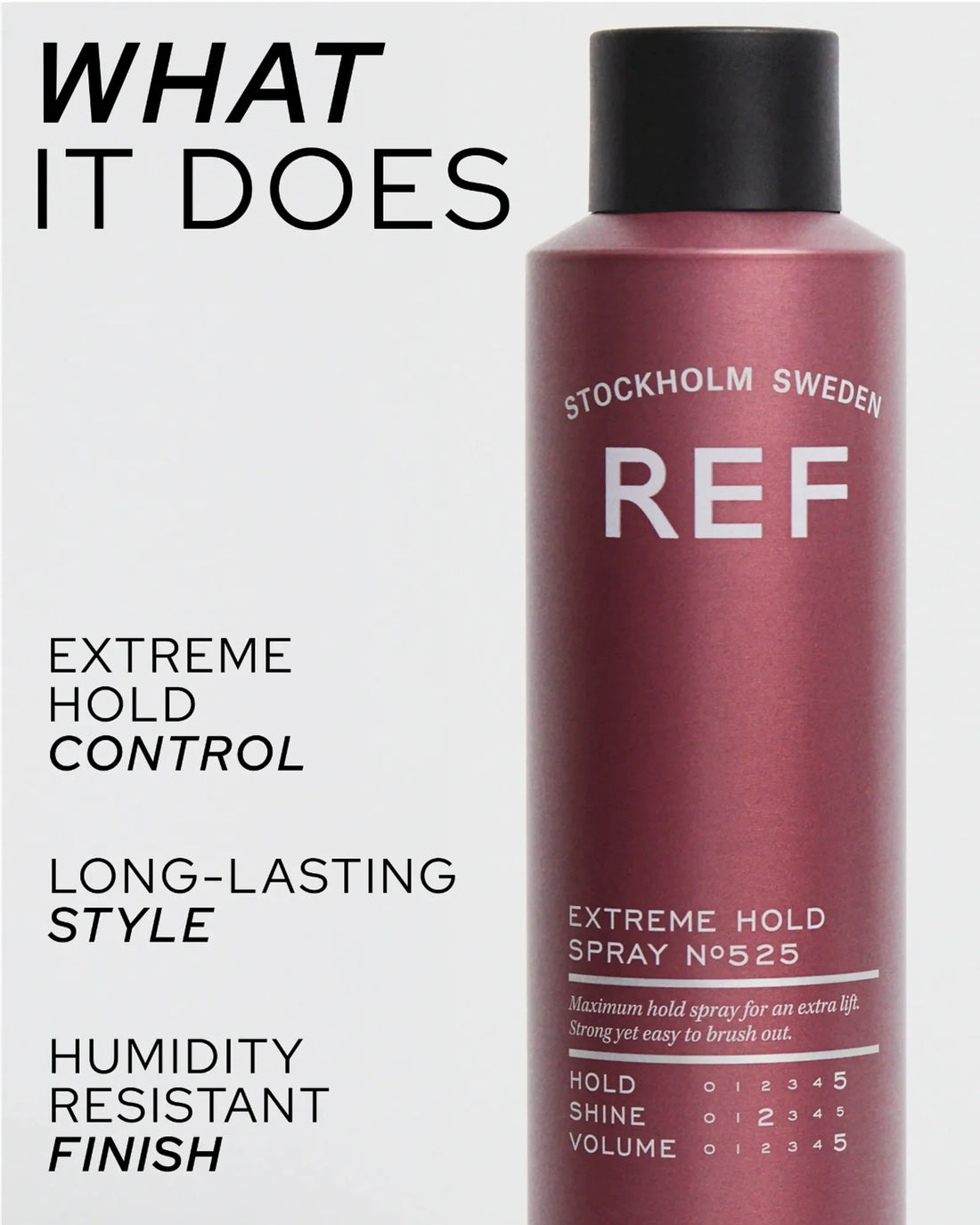REF Stockholm Extreme Hold Spray N°525 — alternate angle studio shot, official product image from refstockholm.com