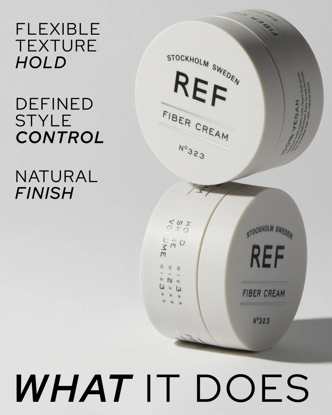Official REF Stockholm alternate-angle shot of two stacked Fiber Cream N°323 jars with 'FLEXIBLE TEXTURE HOLD / DEFINED STYLE CONTROL / NATURAL FINISH' marketing overlay. Source: refstockholm.com official product page.