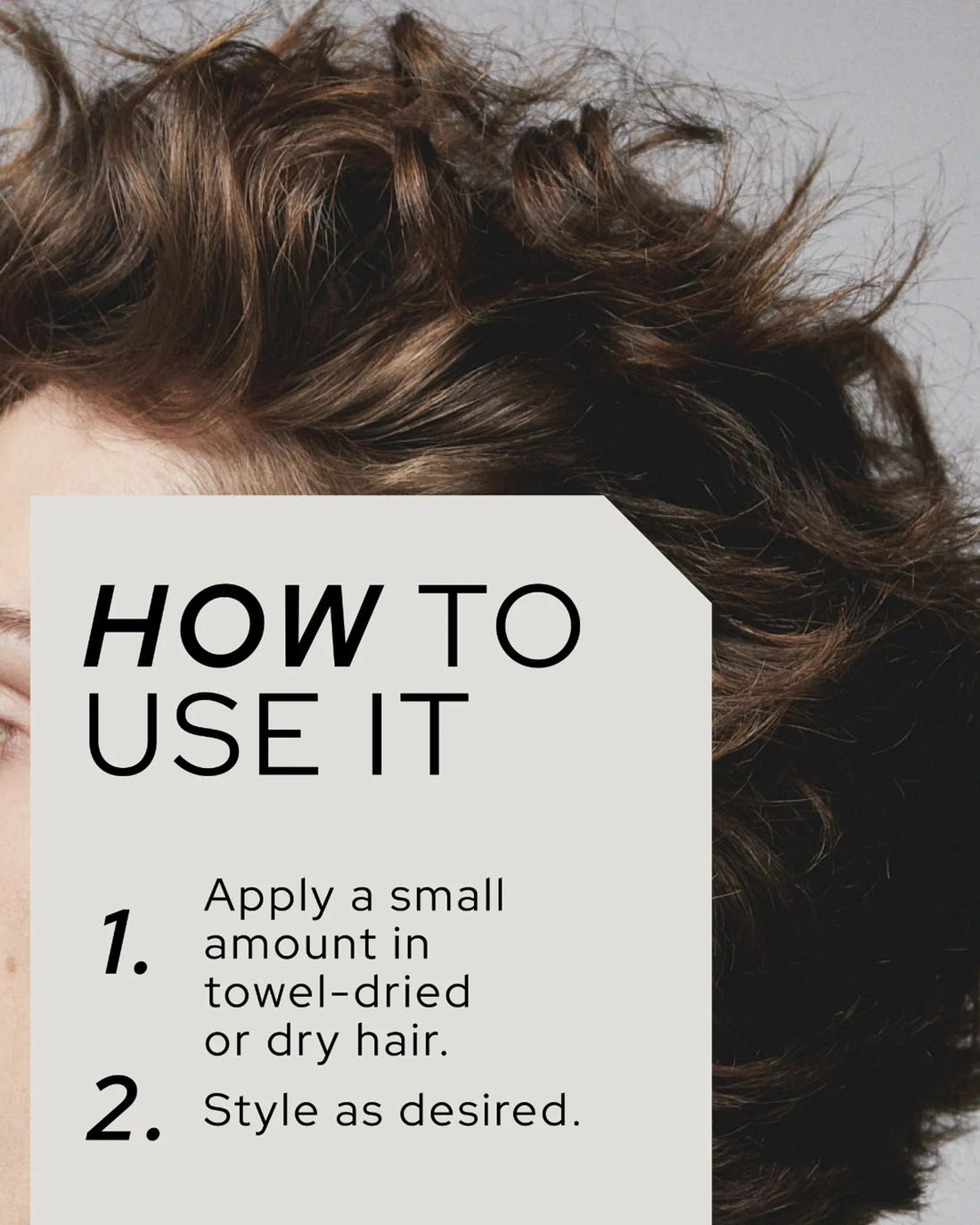 Official REF Stockholm lifestyle/in-use shot showing a model's styled curly hair with a 'HOW TO USE IT' instructional overlay for Fiber Cream N°323. Source: refstockholm.com official product page.
