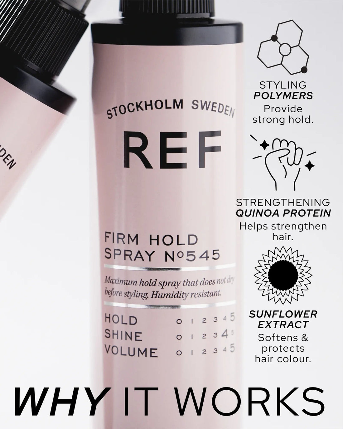 Official REF Stockholm ingredient/benefit close-up ('Why It Works') of the Firm Hold Spray N°545 label, with icons and text describing Styling Polymers, Strengthening Quinoa Protein, and Sunflower Extract.
