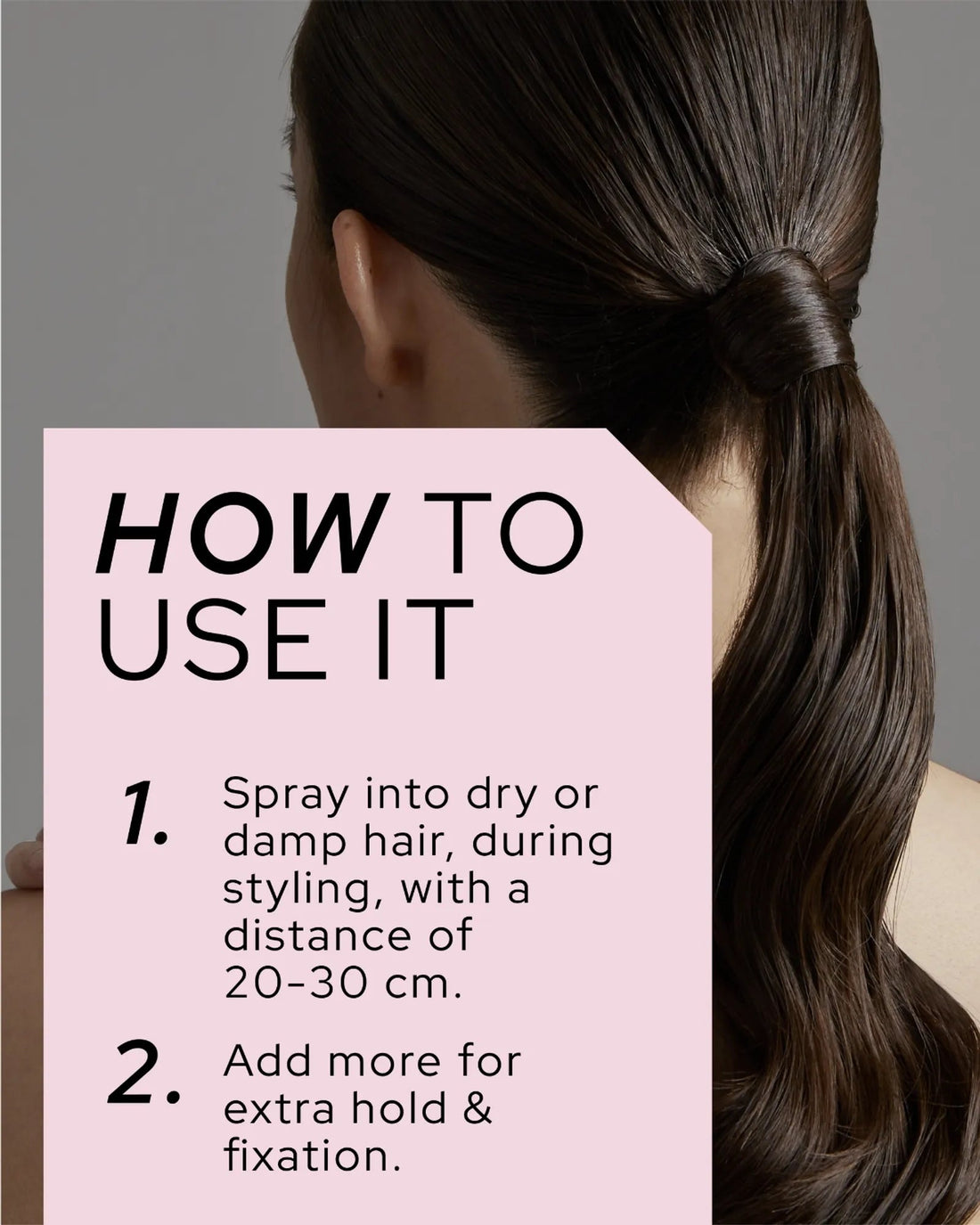 Official REF Stockholm in-use lifestyle shot ('How To Use It') showing a model's hair styled into a low ponytail/bun, illustrating application distance and technique for Firm Hold Spray N°545.