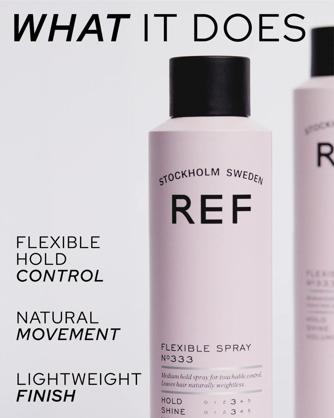 REF Stockholm Flexible Spray N°333 — official alternate/close-up product shot from refstockholm.com product gallery, labeled 'What It Does' with the bottle label clearly visible (flexible hold, natural movement, lightweight finish).