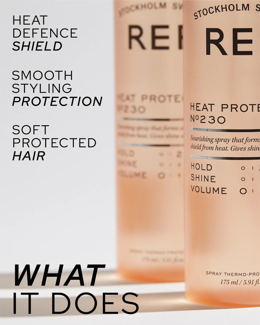 Official REF Stockholm alternate-angle close-up shot showing both the 100ml and 175ml Heat Protection N°230 bottles side by side, from refstockholm.com.