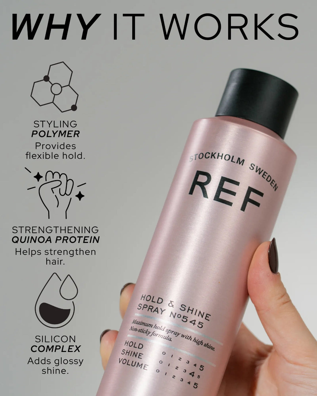 Alternate angle product photo of REF Stockholm Hold & Shine Spray N°545, official gallery image from refstockholm.com