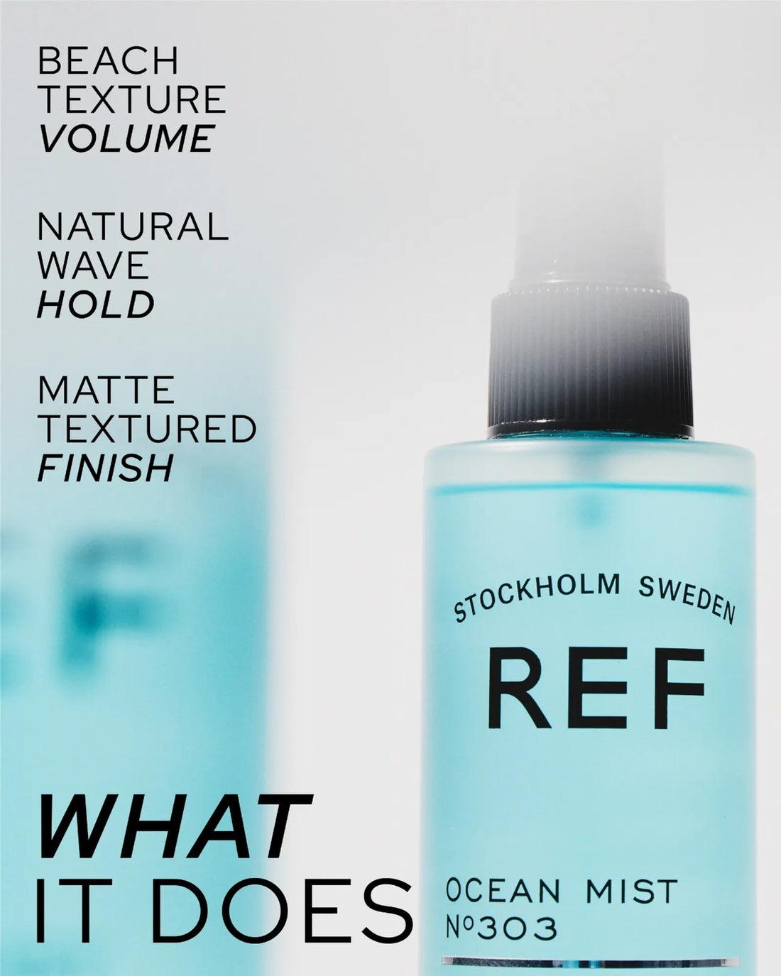 REF Stockholm Ocean Mist N°303 — official close-up alternate-angle shot of the spray nozzle and label, from refstockholm.com's product gallery.