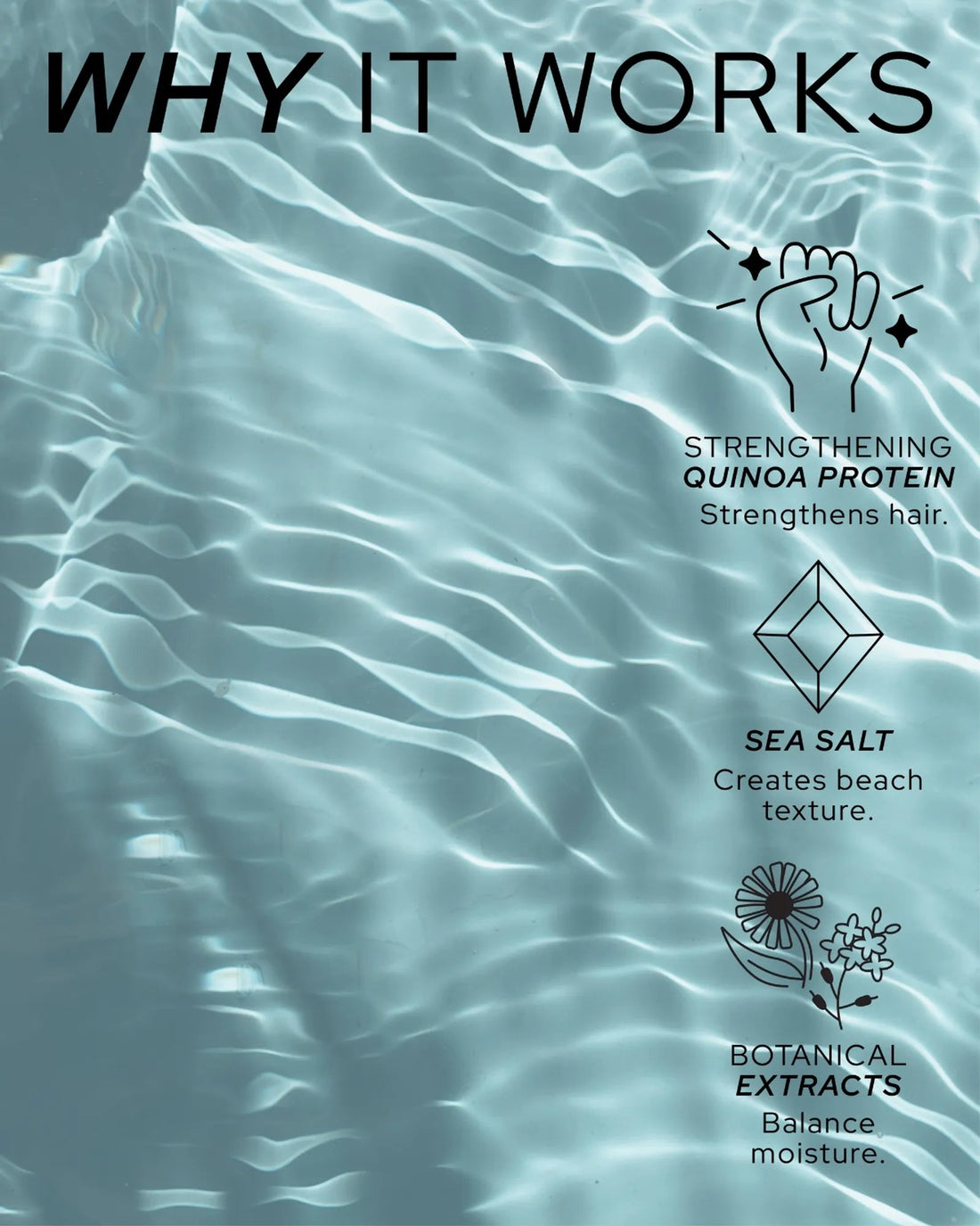 REF Stockholm Ocean Mist N°303 — official ingredient/formula graphic ("Why it Works": quinoa protein, sea salt, botanical extracts) from refstockholm.com's product gallery.