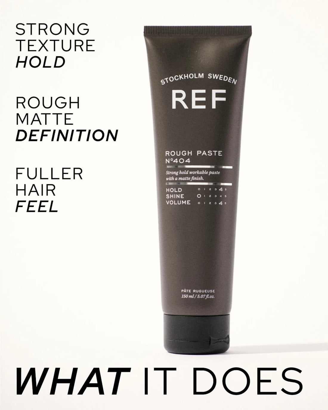 REF Stockholm Rough Paste N°404 — official 'What It Does' marketing shot, front tube with benefit callouts (strong texture hold, rough matte definition, fuller hair feel)