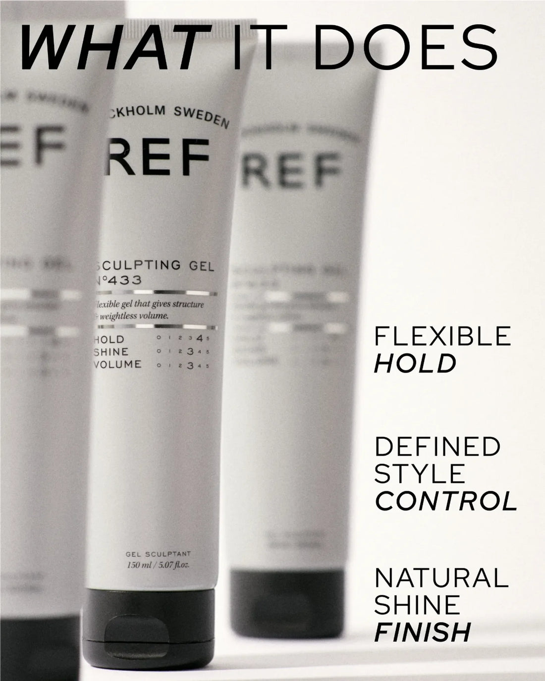 Official REF Stockholm marketing photo, 'WHAT IT DOES' panel with an alternate angle group shot of multiple Sculpting Gel N°433 tubes, listing flexible hold, defined style control, and natural shine finish.