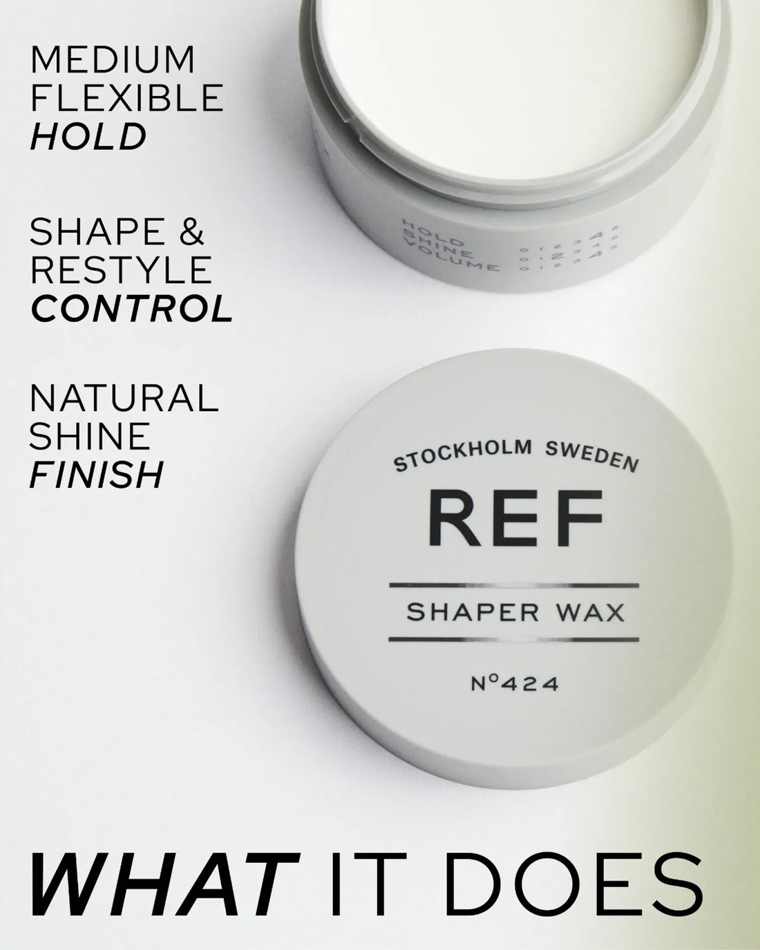 Official REF Stockholm alternate-angle shot: open Shaper Wax jar and lid with overlaid 'What It Does' benefit copy (medium flexible hold, shape & restyle control, natural shine finish).