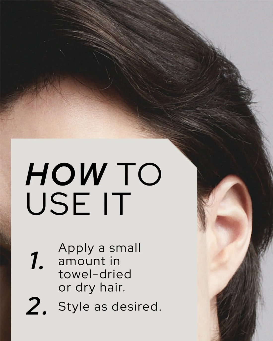 Official REF Stockholm lifestyle/in-use shot: close-up of styled hair on a model's head with 'How To Use It' application instructions overlay.