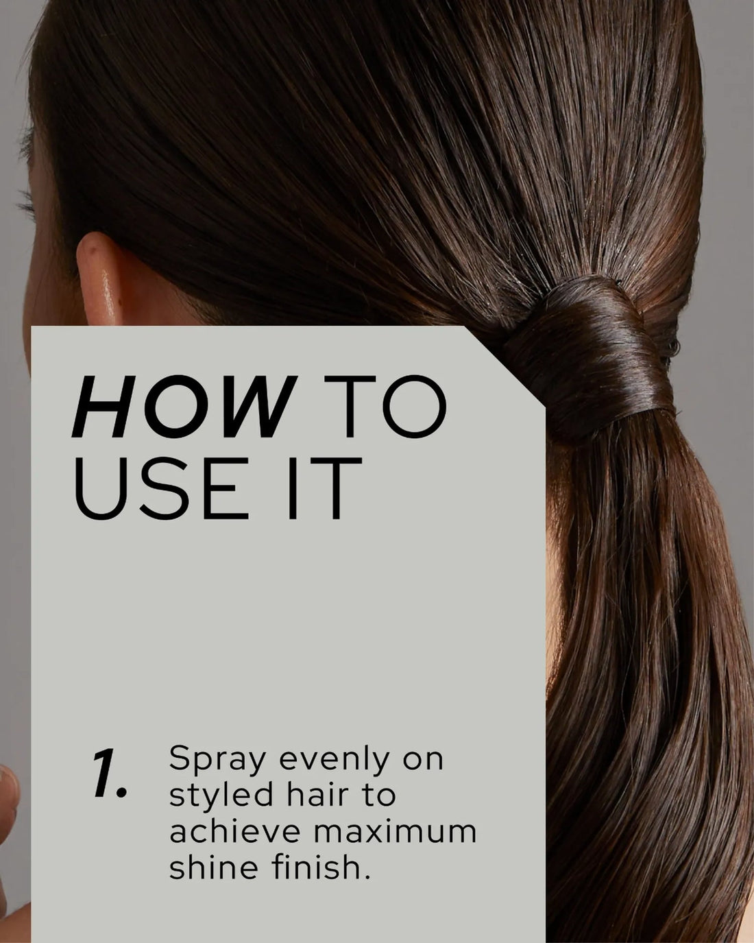 REF Stockholm Shine Spray N°050 — official lifestyle/in-use shot of glossy styled hair with 'How To Use It' instructions, from refstockholm.com