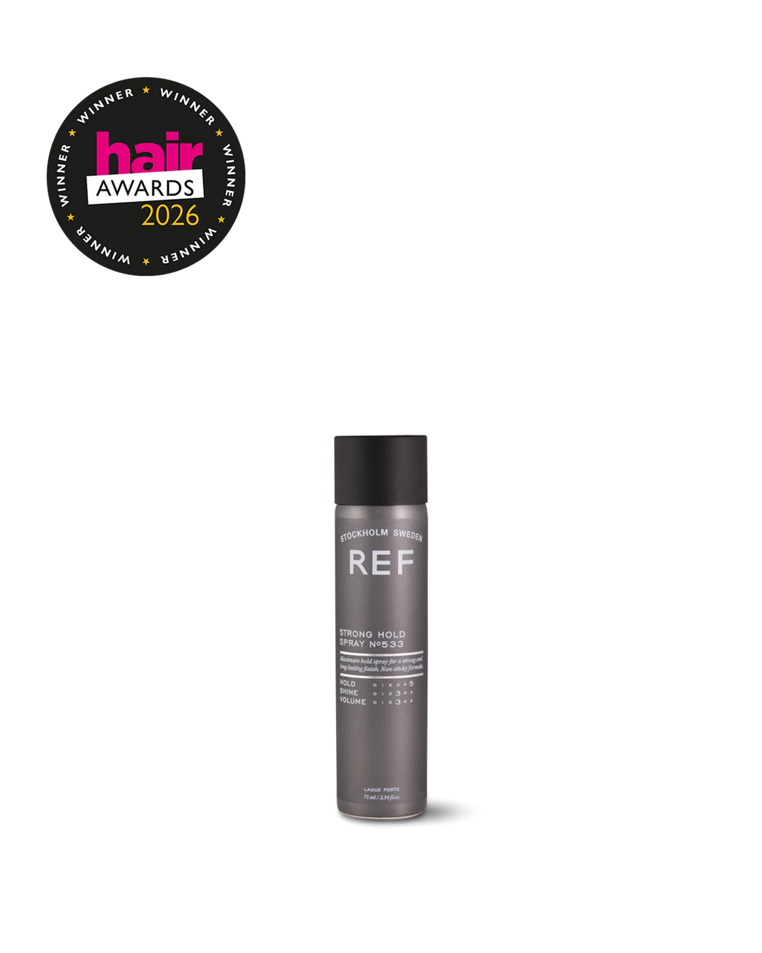 Official REF Stockholm front pack shot of Strong Hold Spray N°533, 75ml can (SKU 31235), from refstockholm.com product page (og:image, 1600x2000).