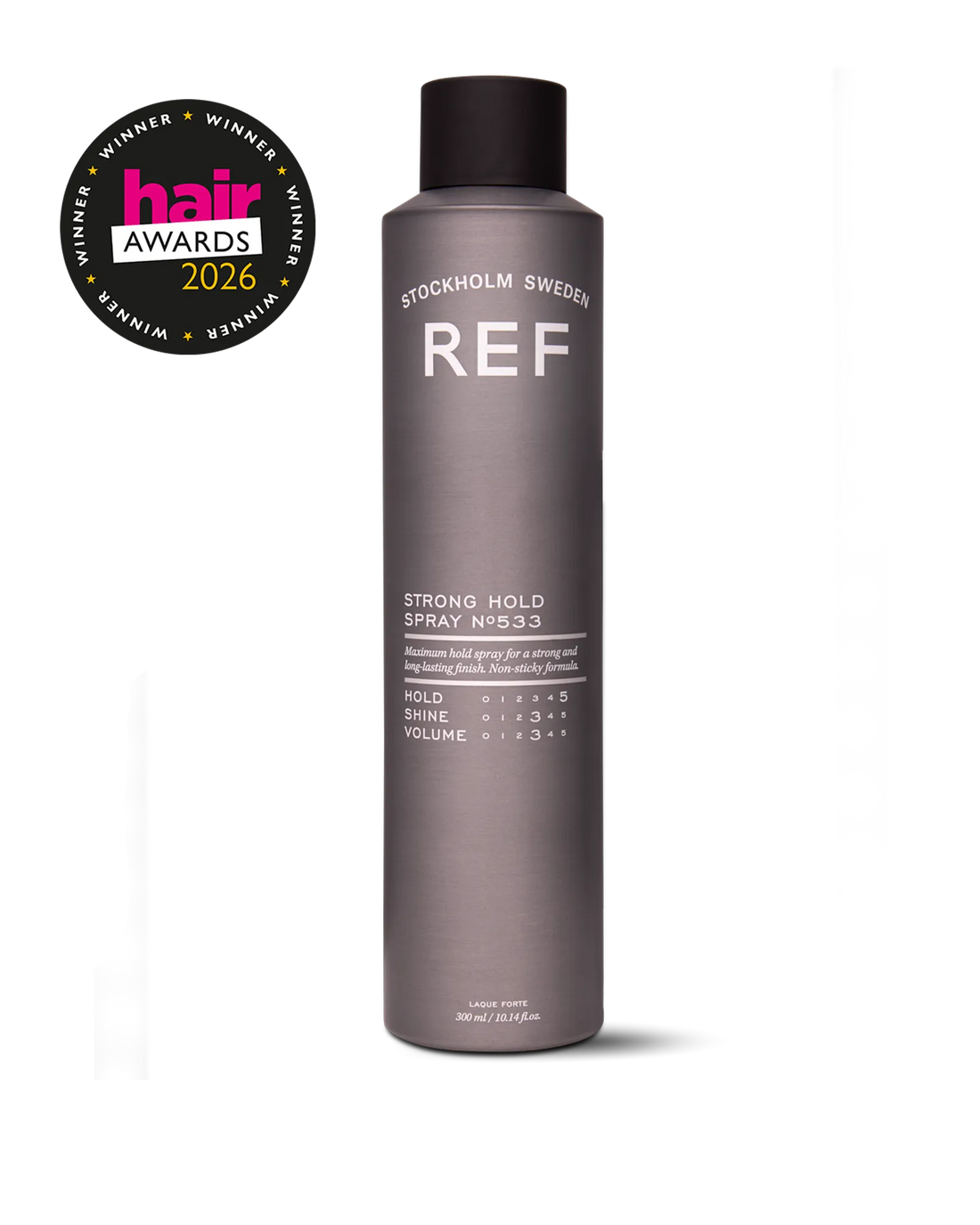 Official REF Stockholm front pack shot of Strong Hold Spray N°533, 300ml can (SKU 31240), with Hair Awards 2026 Winner badge overlay, from refstockholm.com product page (og:image, 1600x2000).