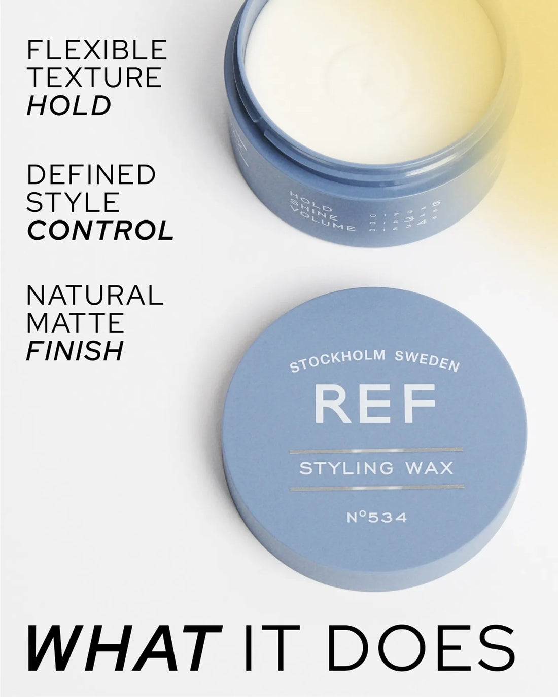 REF Stockholm Styling Wax N°534 — official 'What It Does' detail image showing the open jar with the cream-colored wax texture alongside the closed jar's branded lid label. Source: official REF Stockholm product gallery.