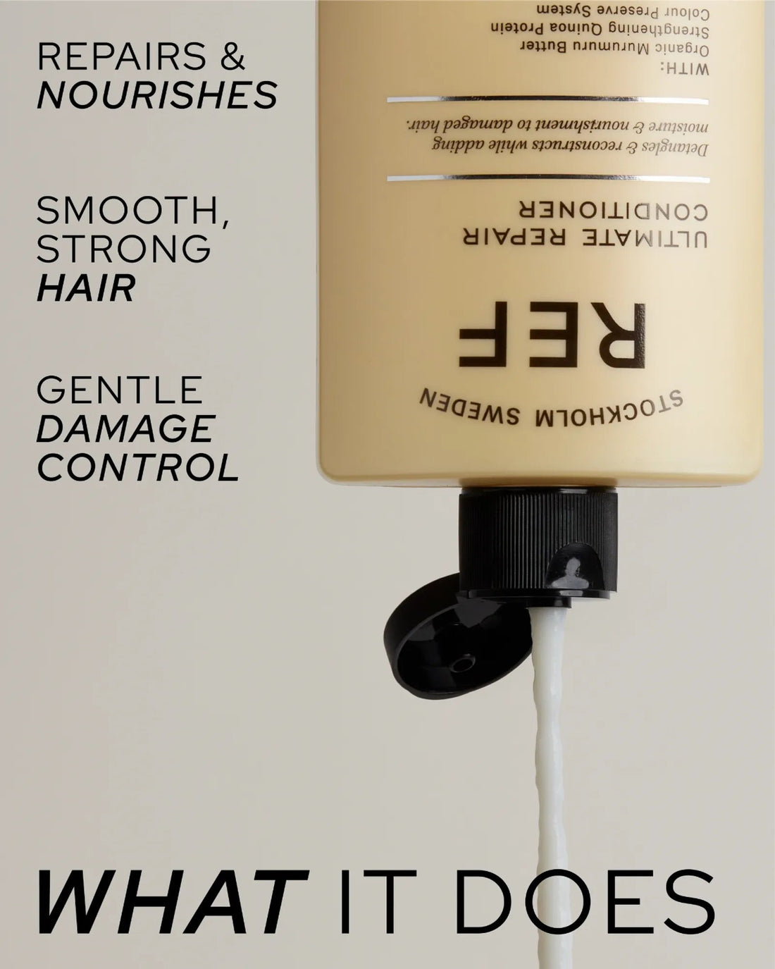 Official REF Stockholm close-up/alternate-angle shot of the Ultimate Repair Conditioner bottle's pump and cap, with 'Repairs & Nourishes' marketing copy overlay.