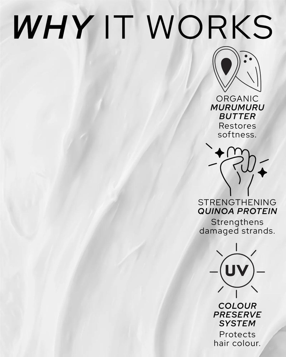 Official REF Stockholm ingredient/texture graphic for Ultimate Repair Conditioner showing product texture with icons for Organic Murumuru Butter, Strengthening Quinoa Protein, and Colour Preserve System.