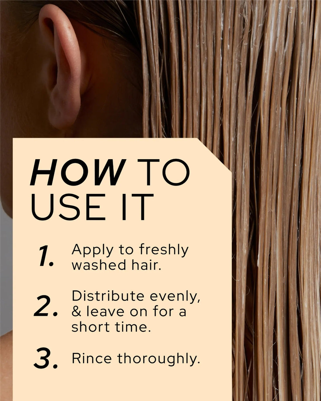 Official REF Stockholm lifestyle/in-use photo of Ultimate Repair Conditioner being applied to wet hair, with 'How to Use It' instructions overlay.