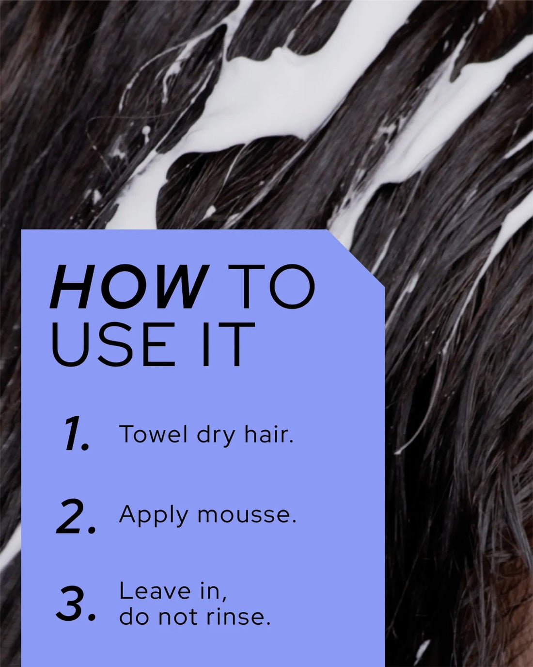 REF Stockholm Whipped Moisture Mousse — lifestyle/in-use shot showing the whipped mousse texture applied to hair strands, from REF's official 'how to use it' marketing image.