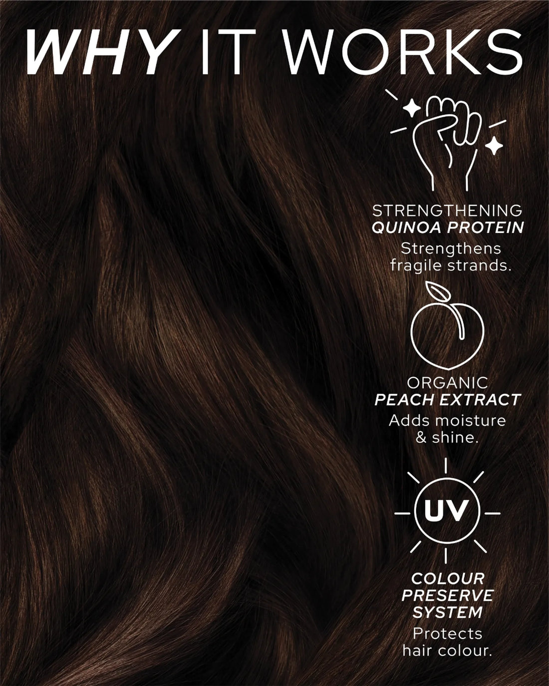 REF Stockholm Detangling Spray - 'WHY IT WORKS' key ingredients graphic (strengthening quinoa protein, organic peach extract, UV colour preserve system) over a hair-texture background, from refstockholm.com