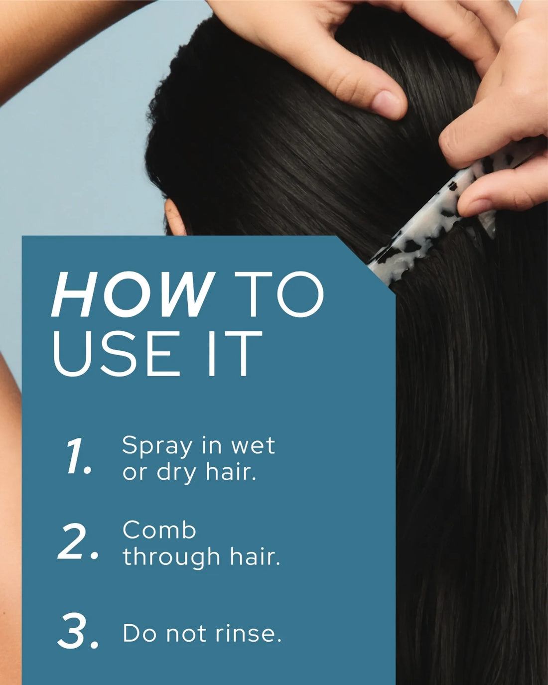REF Stockholm Detangling Spray - lifestyle/in-use shot showing the spray being combed through dark hair, with 'HOW TO USE IT' instructional overlay, from refstockholm.com