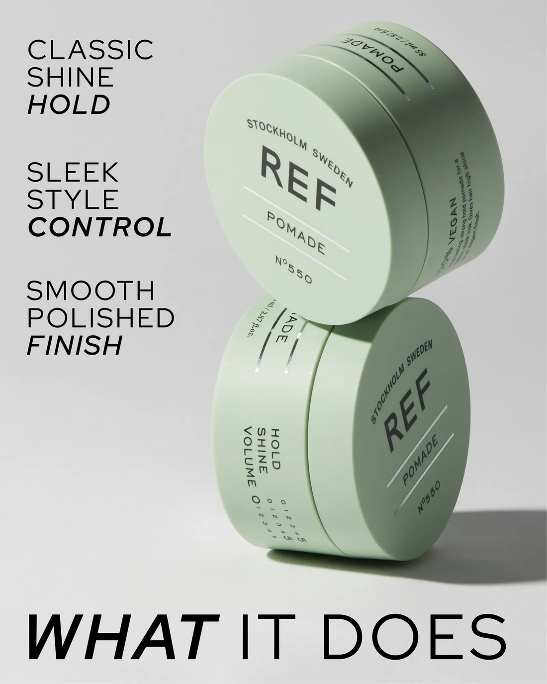 Official REF Stockholm alternate-angle marketing shot of two stacked Pomade N°550 jars with 'What It Does' benefit copy (classic shine/hold, sleek style control, smooth polished finish). Source: refstockholm.com official product gallery.