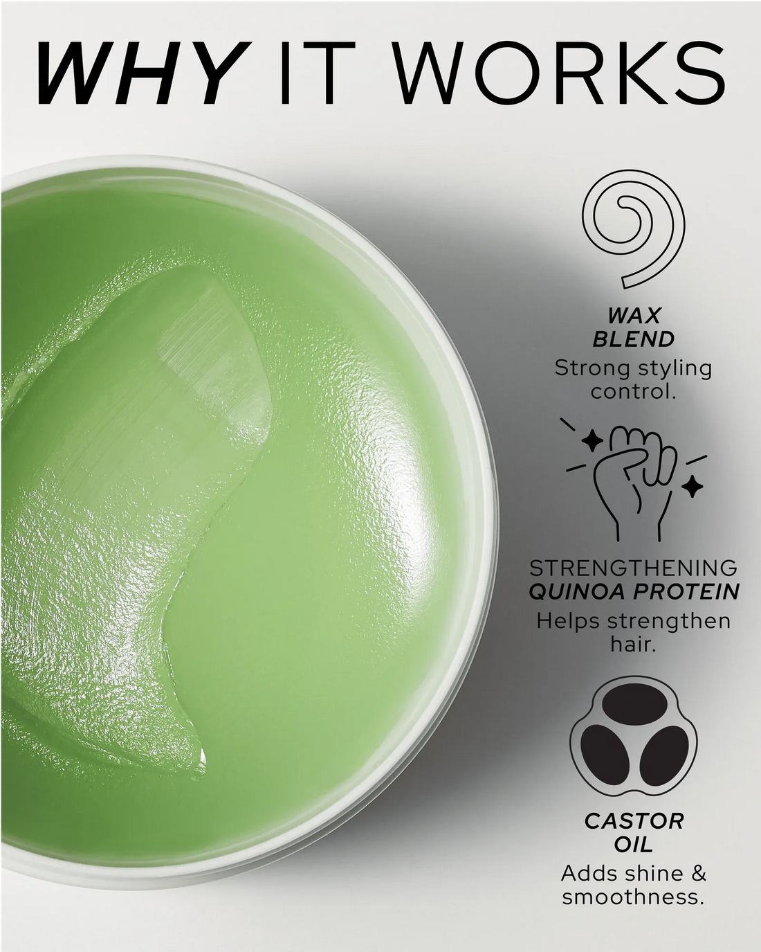 Official REF Stockholm close-up shot of the open Pomade N°550 jar showing the green wax product texture, paired with 'Why It Works' key-ingredient callouts (wax blend, quinoa protein, castor oil). Source: refstockholm.com official product gallery.