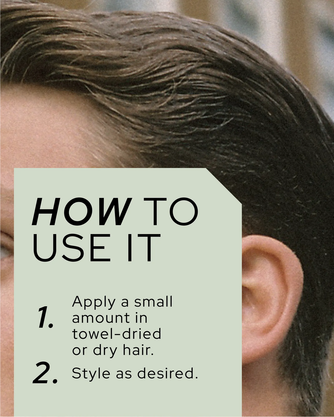 Official REF Stockholm lifestyle/in-use photo showing a man's slicked-back hair styled with Pomade N°550, overlaid with 'How To Use It' application instructions. Source: refstockholm.com official product gallery.