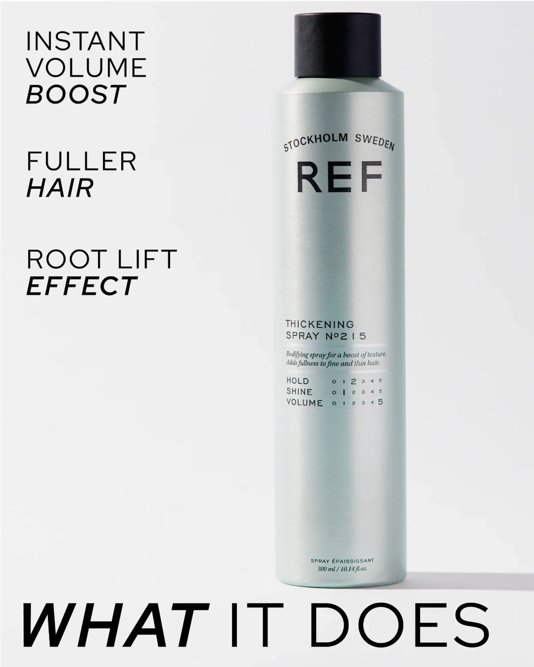 Official REF Stockholm marketing image for Thickening Spray N°215 listing benefits: Instant Volume Boost, Fuller Hair, Root Lift Effect.