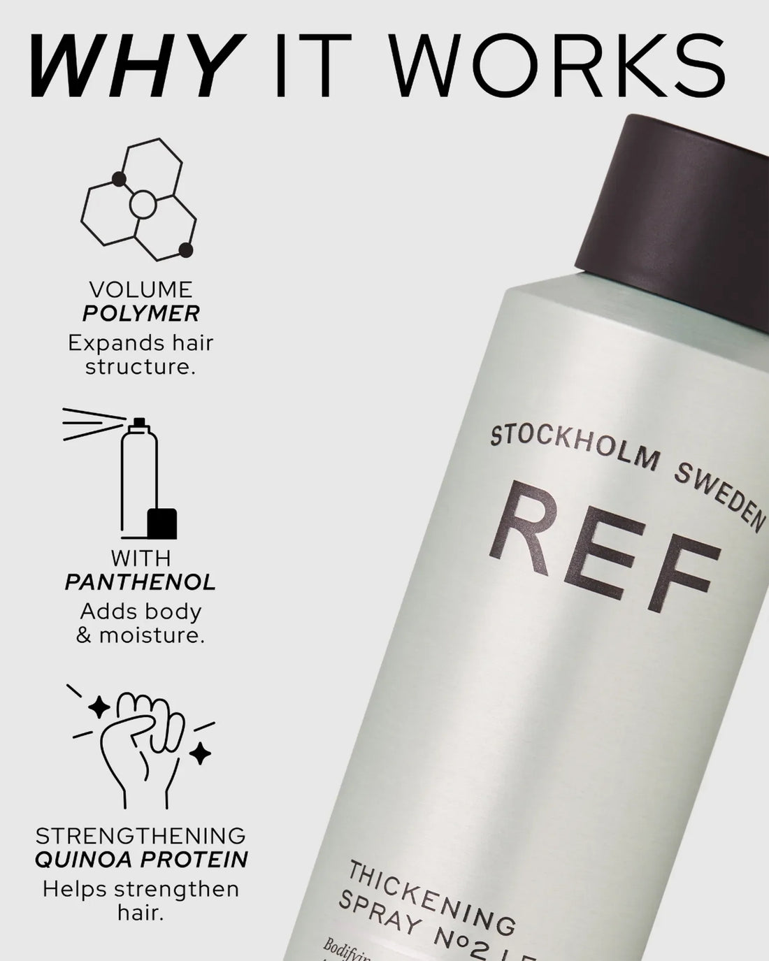 Official REF Stockholm close-up angled shot of the Thickening Spray N°215 can, with 'Why It Works' ingredient callouts (volume polymer, panthenol, quinoa protein).