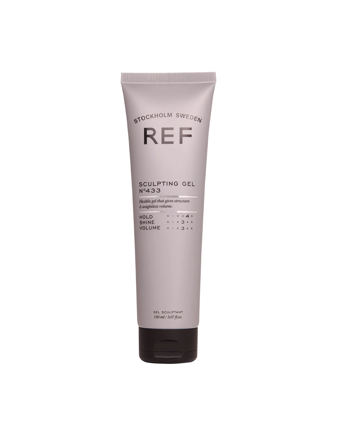 Official REF Stockholm front product shot: Sculpting Gel N°433 tube (150ml) on white background, showing front label with hold/shine/volume rating icons.
