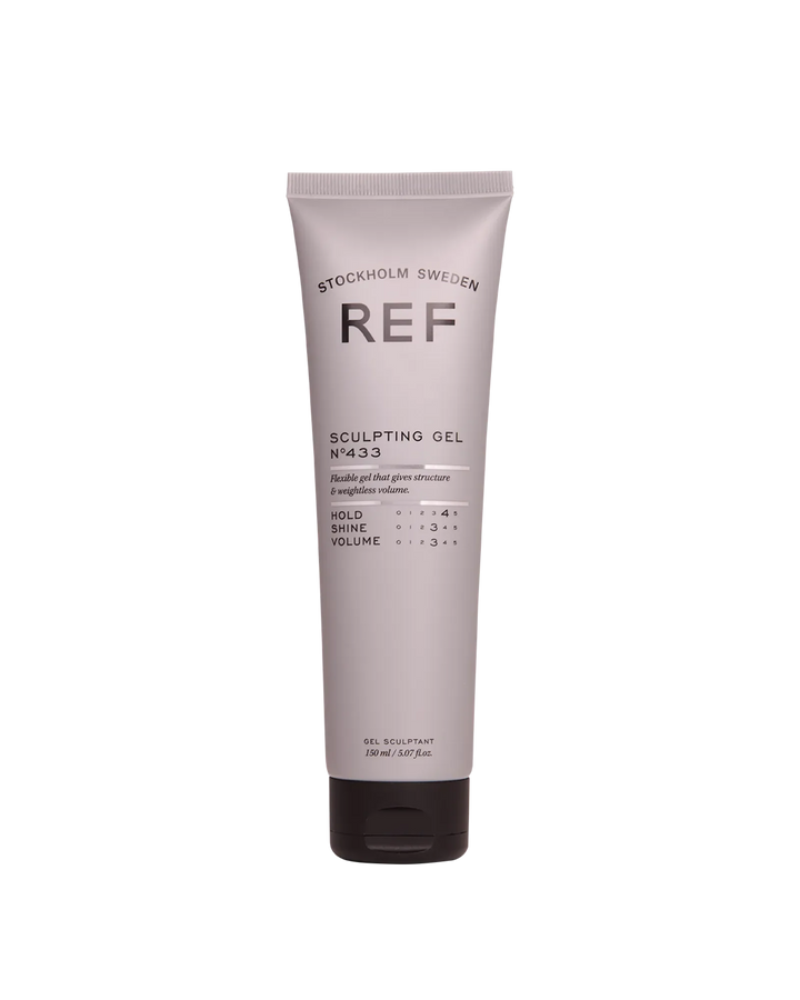 Official REF Stockholm front product shot: Sculpting Gel N°433 tube (150ml) on white background, showing front label with hold/shine/volume rating icons.